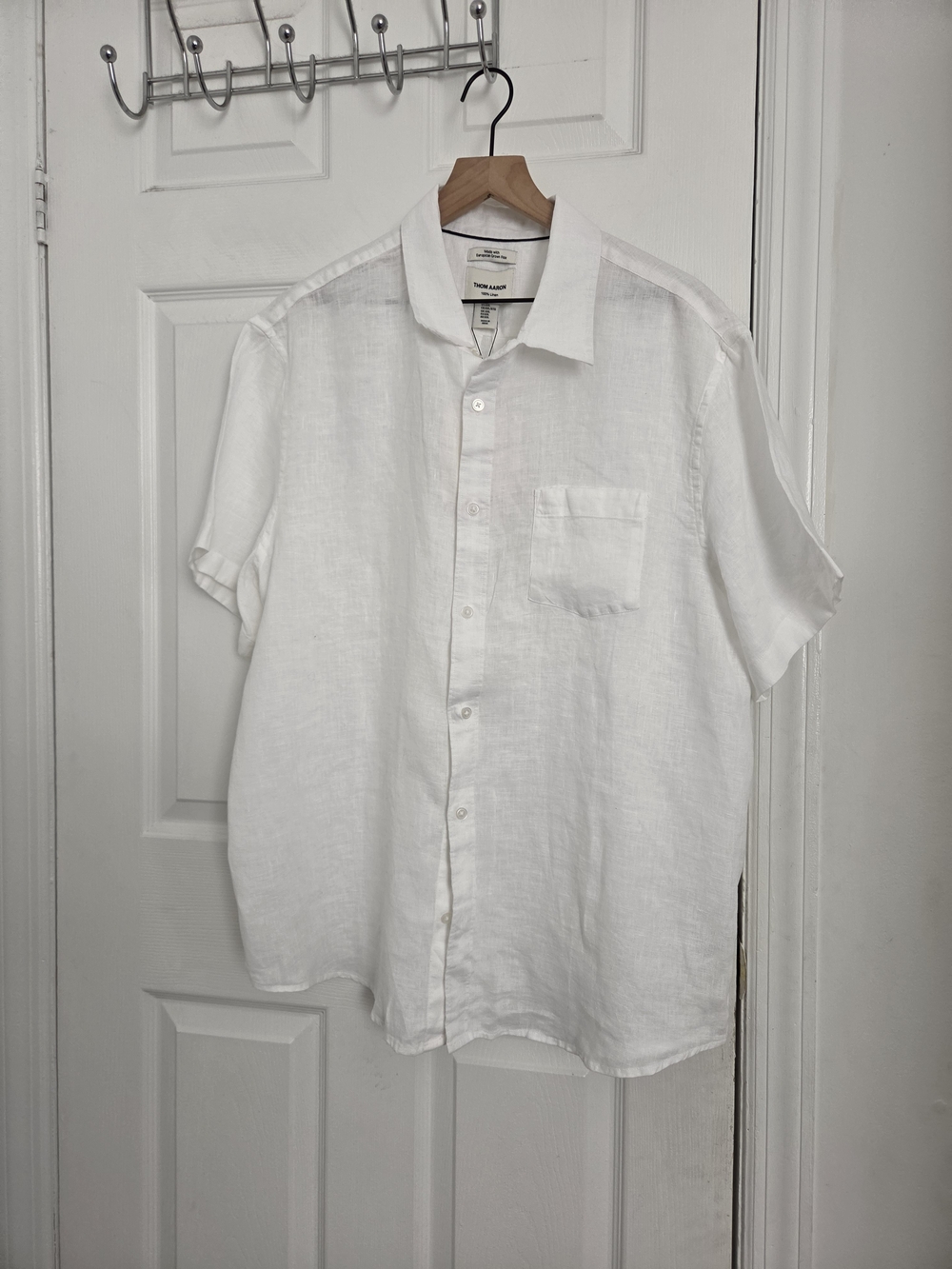 THOM AARON Men's White Linen Short Sleeve Button-Up Shirt